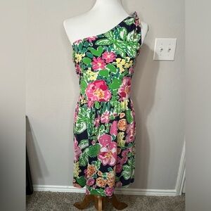 Lilly Pulitzer pink blue green floral one shoulder dress